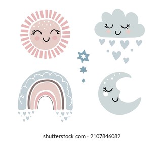 Conjunto de elementos bonitos para el diseño infantil, sol, luna, arcoíris y nubes. Ilustración de dibujos animados planos vectoriales aislados en el fondo blanco para la ducha de bebé, fiesta, cartel de bebé. Estilo boho vintage.