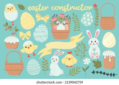 A set of cute elements to create an Easter composition. Vector illustration. Easy to change color.