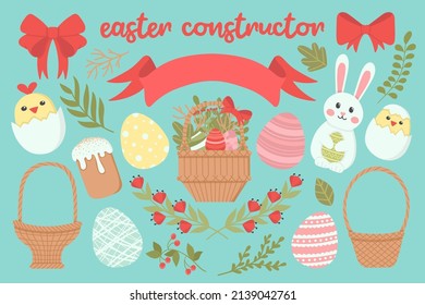 A set of cute elements to create an Easter composition. Vector illustration. Easy to change color.