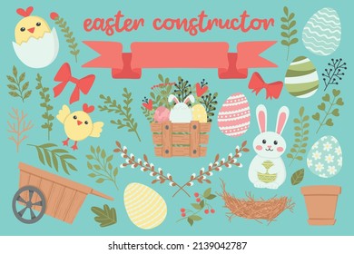 A set of cute elements to create an Easter composition. Vector illustration. Easy to change color.