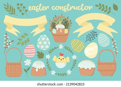 A set of cute elements to create an Easter composition. Vector illustration. Easy to change color.