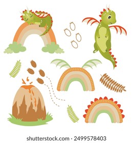 Set of cute elements with a dinosaur on a white background