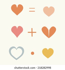 Set of cute elements drawn multicolored hearts, plus sign, like vector multiplication.