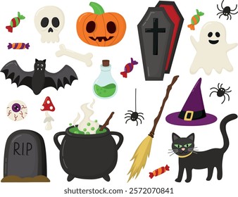 Set of cute elements for Happy Halloween. Collection of pumpkin, spooky ghost, bat, skull and bone, candies, spider, black cat, cauldron with potions, coffin, broom, witch hat and grave