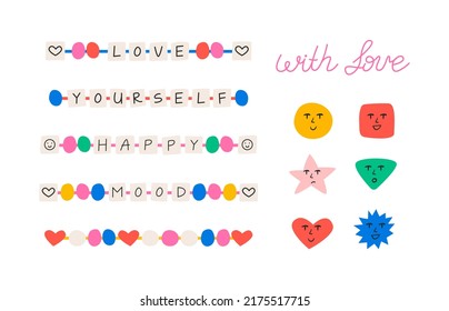 Set of cute elements in kidcore style. 00s, 90s, concept. Beads bracelets with words, lettering and cute abstract shapes with different emotions. Flat vector illustration on isolated background