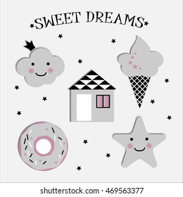 Set of cute elements. Kids poster with a cloud, ice cream, donut, star, house.