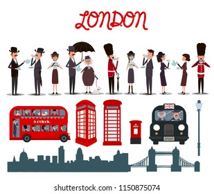 Set of cute elements of London and characters. Editable vector illustration