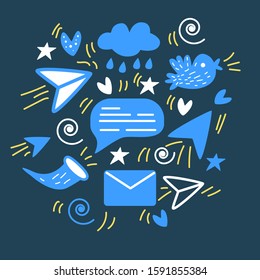 Set of cute elements: mail, letters, messages, airplanes.