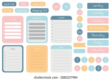 A set of cute elements for a notepad, planner, diary. Stickers for scrapbooking. To-do list, frames, bookmarks, frames, days of the week, numbers. Vector illustration