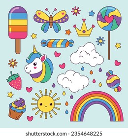 set of cute elements. unicorn, butterfly, sweets, flowers, hearts, sun, clouds, candy