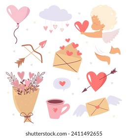 Set of cute elements for Valentine's Day. Love concept. Vector illustration