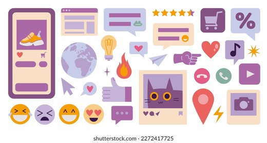 Set of cute elements of web interface, social networks, cartoon style. Online communication concept, speech bubbles, likes, emojis. Trendy modern vector illustration isolated on white, flat design. 