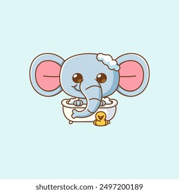 set Cute elephant bathing time in bathtub kawaii chibi character mascot illustration outline style design