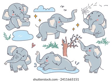 set of cute elephant cartoon character