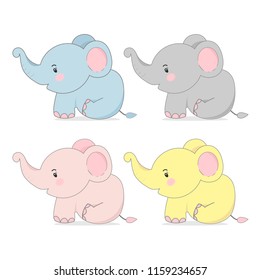 Set of Cute elephant in different color. Vector illustration.