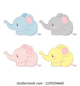 Set of Cute elephant in different color. Vector illustration.