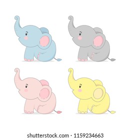 Set of Cute elephant in different color. Vector illustration.