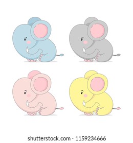 Set of Cute elephant in different color. Vector illustration.
