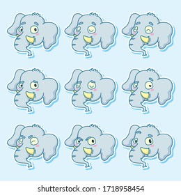 Set of Cute Elephant Face Emoticons. Children Illustration. Kawaii Face Animals Illustration