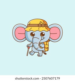 set Cute elephant hiking camp kawaii chibi character mascot illustration outline style design