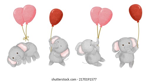 Set of cute elephant holding balloons in various gesture watercolor painting in cartoon style, vector illustration