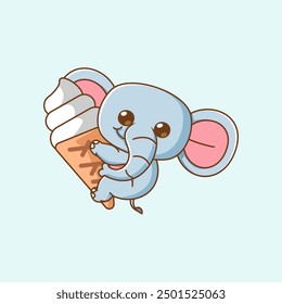 set Cute elephant hug ice cream hanging kawaii chibi character mascot illustration outline style