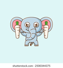 set Cute elephant lifting turnip barbel food kawaii chibi character mascot illustration outline style design