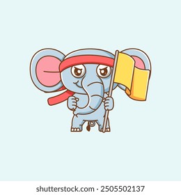 set Cute elephant shouting with the flag and headband kawaii chibi character mascot illustration outline style design