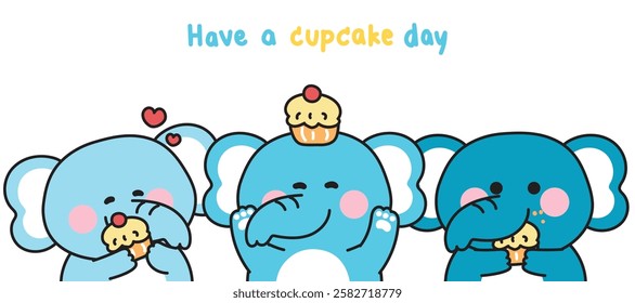 Set of cute elephant in various poses with cupcake.Sweet and dessert.Wild animal character cartoon.Image for card,sticker,baby clothing,print screen.Kawaii.Vector.Illustration.