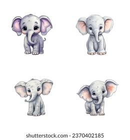 set of cute elephant watercolor illustrations for printing on baby clothes, sticker, postcards, baby showers, apps, games and books, Safari jungle animals vector