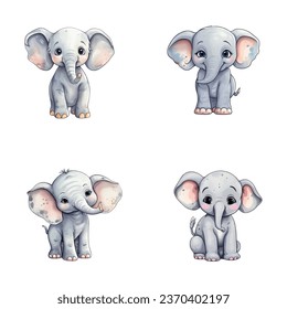 set of cute elephant watercolor illustrations for printing on baby clothes, sticker, postcards, baby showers, apps, games and books, Safari jungle animals vector