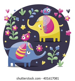 Set of cute elephants with birds, flowers, plants, leaf and hearts