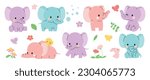 Set of cute elephants vector. Adorable wild life elephant in different poses, happy, sitting, rabbit, chick, flower. Happy wild animals illustration design for education, kids, poster, stickers.