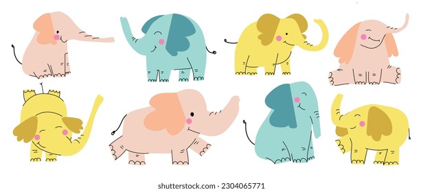 Set of cute elephants vector. Adorable wild life elephant in different poses, happy, sitting, and decorative elements. Happy wild animals illustration design for education, kids, poster, stickers.