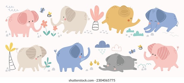 Set of cute elephants vector. Adorable wild life elephant in different poses, happy, sitting, butterfly, flower, tree. Happy wild animals illustration design for education, kids, poster, stickers.