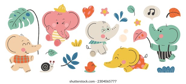 Set of cute elephants vector. Adorable wild life elephant in different poses, happy, sitting, chick, snail, flower. Happy wild animals illustration design for education, kids, poster, stickers.