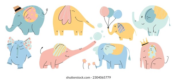 Set of cute elephants vector. Adorable wild life elephant in different poses, happy, sitting, balloon, crown, flower. Happy wild animals illustration design for education, kids, poster, stickers.