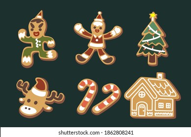 Set of cute elf, gnome, reindeer, santa Claus candy cane, house Christmas tree gingerbread cartoon character flat vector illustration isolated with background. Merry Christmas and Happy New Year	