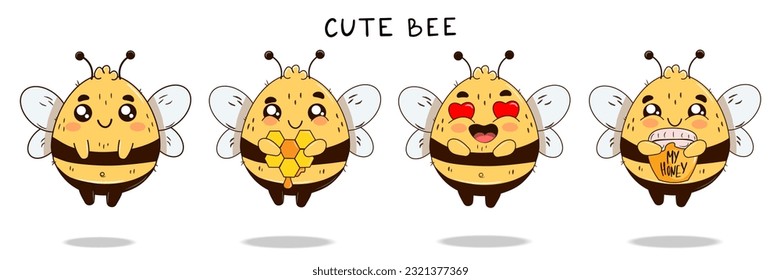 Set of cute emoji bee, honeycomb, heart and jar of honey isolate on a white background. Vector objekts in cartoon sketch style