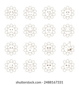 Set of cute emoji icons in the form of daisies, different emotions. Vector illustration for scrapbook design, postcards, flyers, stickers, posters.