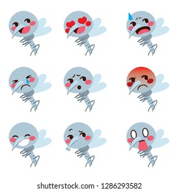 Set of cute emoji mosquito bug in different expressions