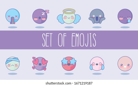 set of cute emojis over purple background, vector illustration