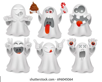Set of cute emoticon cartoon ghost characters. Vector collection