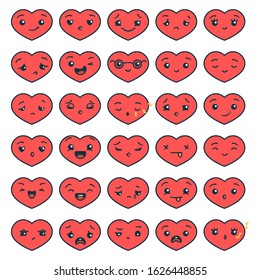 Set of cute emoticon cartoon heart character with different emotions for Valentine's Day. Vector illustration in flat style.