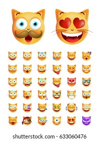 Set of Cute Emoticon Cat on White Background. Isolated Vector Illustration 