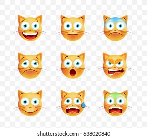 Set of Cute Emoticon Cat on Transparent  Background. Isolated Vector Illustration 