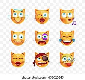 Set of Cute Emoticon Cat on Transparent  Background. Isolated Vector Illustration 