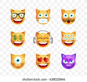 Set of Cute Emoticon Cat on Transparent Background. Isolated Vector Illustration 