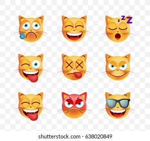 Set of Cute Emoticon Cat on Transparent Background. Isolated Vector Illustration 