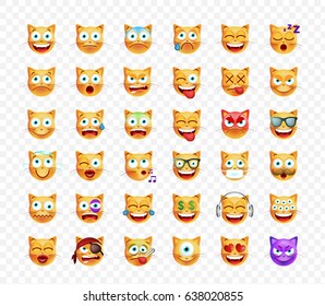 Set of Cute Emoticon Cat on Transparent  Background. Isolated Vector Illustration 